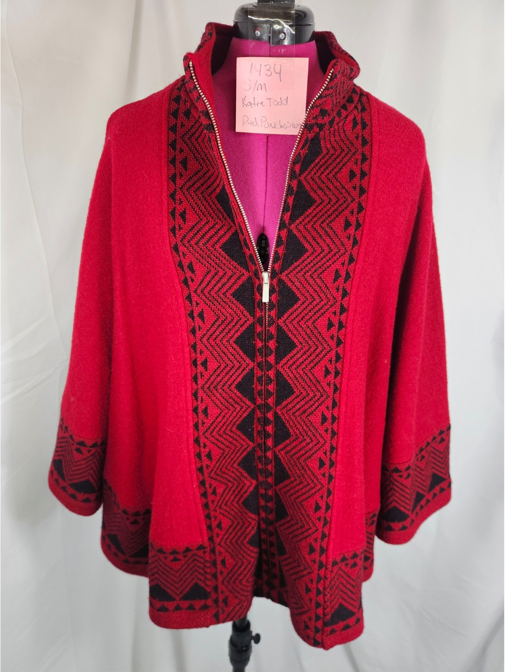 Vintage Katie Todd 100% Wool Red Aztec Zip Up Cape Wrap Sweater S/M